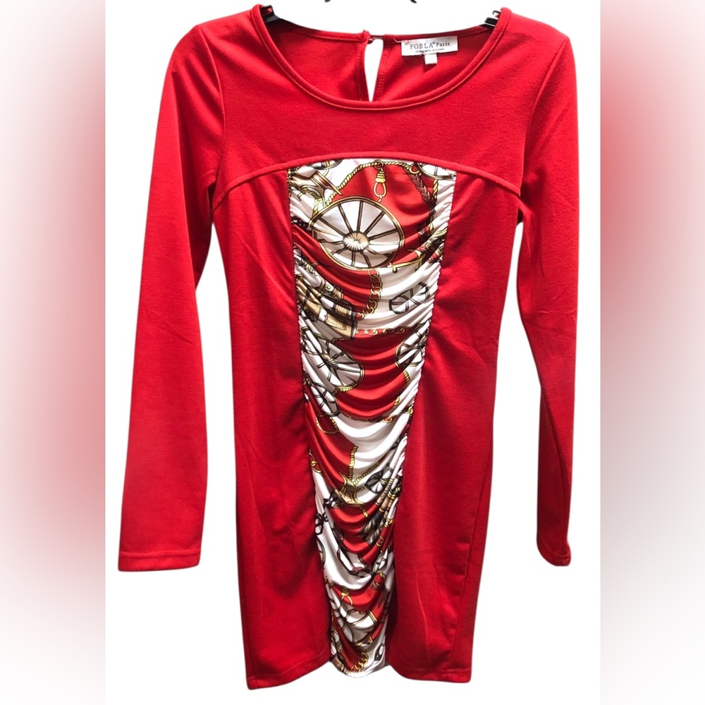 FORLA PARIS Size Small Elegant Red Dress with Chain Pattern.Made In France.